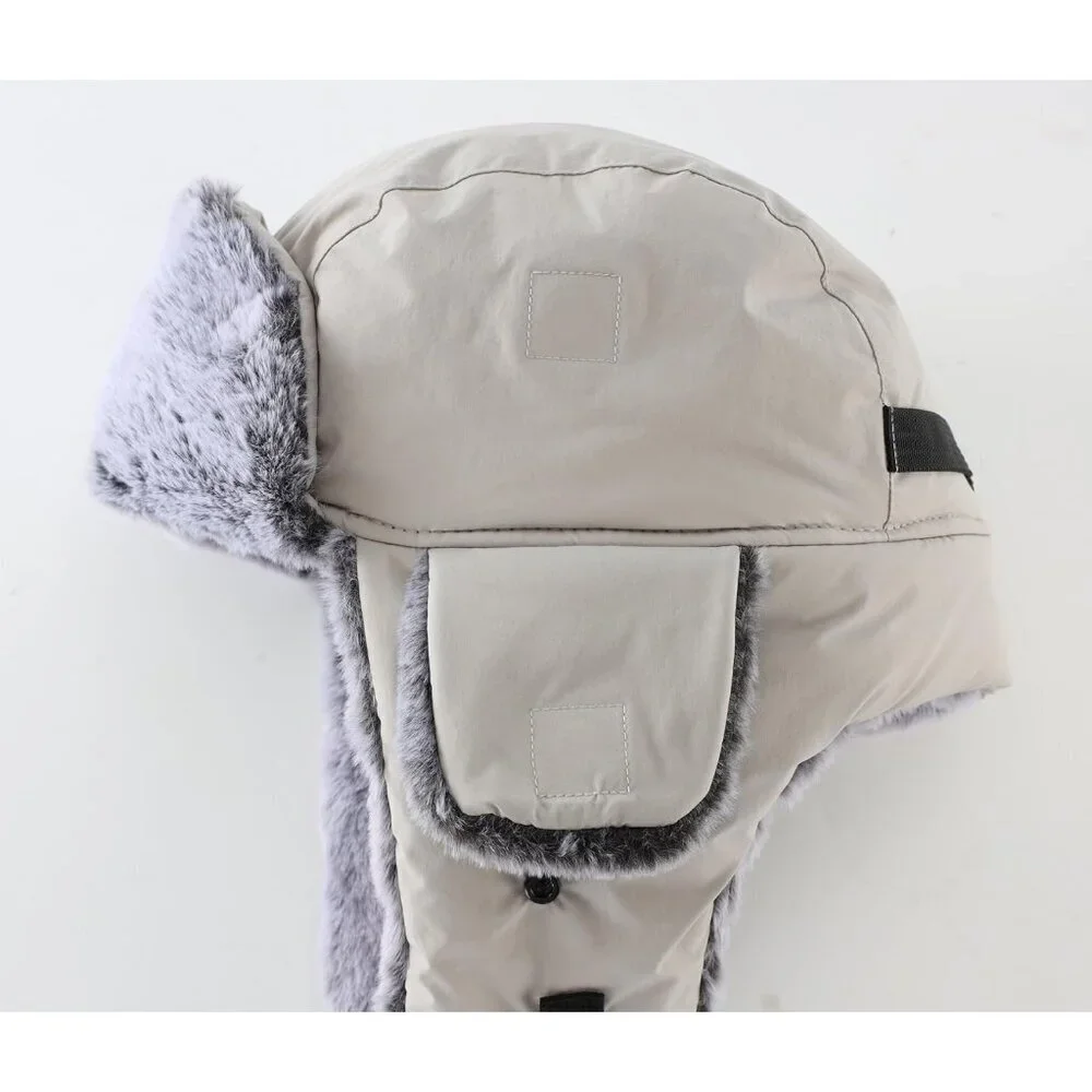 Men's Light Grey Trapper Hat Faux Fur Trooper Hunting Cap with Face Mask